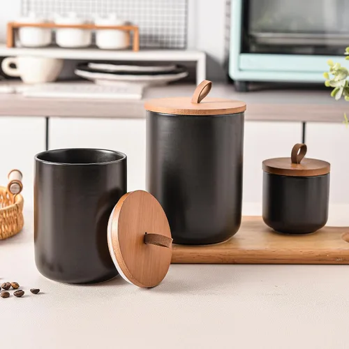 Miniatura 6 de Juego de recipientes de cerámica negra con tapas de bambú, tarros herméticos de almacenamiento de alimentos de 3 piezas para cocina, harina, azúcar