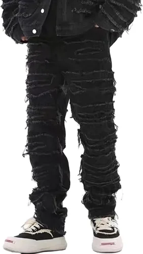 XYGJZ Pantalones de mezclilla rasgados para hombre, pantalones de mezclilla de pierna recta destruidos sólidos desgastados