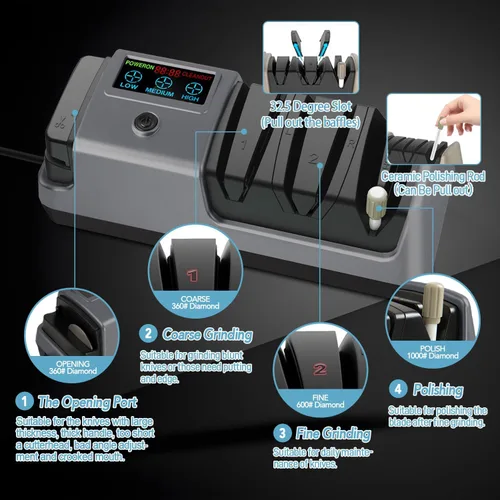 Miniatura 5 de Afilador de cuchillos eléctrico 5 en 1 con abrasivos 100% diamante, variable de 3 velocidades con pantalla LCD para cuchillas de césped dentadas