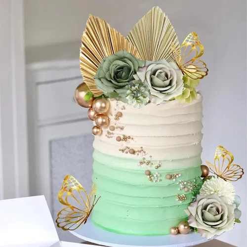 Miniatura 4 de Decoración de pastel bohemia con hojas de palma, flores verdes polvorientas y mariposas, decoraciones para pasteles para boda bohemia, baby shower