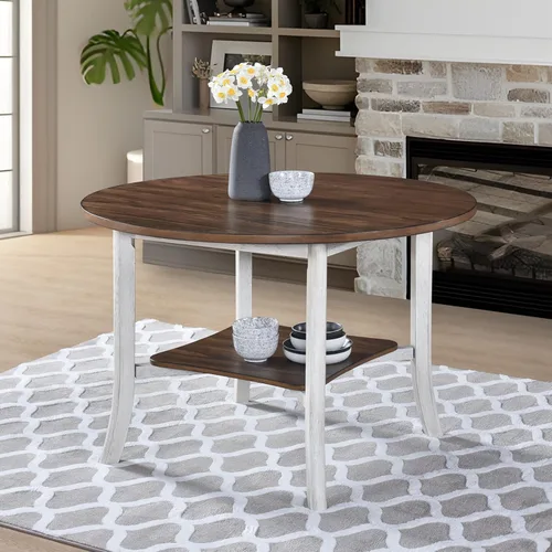 Mesa de comedor redonda para 4-6 personas con estante de almacenamiento, base de madera maciza, diseño de dos tonos, mesa de cocina redonda ideal