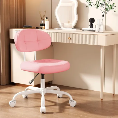 Miniatura 10 de Misolant Silla de tocador con respaldo, pequeña silla de oficina sin brazos con ruedas y soporte lumbar, cómodas sillas de escritorio de piel Blanco