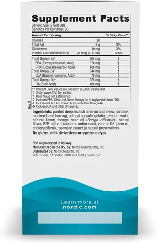 Miniatura 2 de Nordic Naturals Omega-D3 completo, sabor a limón, 120 geles suaves, 565 mg de omega-3 + 70 mg de GLA + 1000 UI de vitamina D3, EPA y DHA, piel