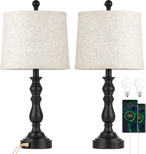 Miniatura 7 de Juego de 2 lámparas de mesa de granja de 23 pulgadas para sala de estar, con puertos USB C+A, lámpara de noche retro para dormitorio, oficina, negro