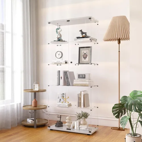 Miniatura 12 de Vitrina de cristal con luces y cerradura, vitrina Curio de 4 niveles con puerta de cristal, escaparate de pie para sala de estar, dormitorio, Blanco