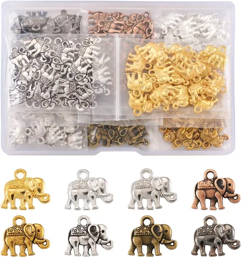 Miniatura 20 de Craftdady Pendientes colgantes de elefante dorado con suerte - Dijes de Jesús en oro antiguo, peces, hojas budistas, ojos malvados, amuletos