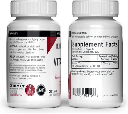 Miniatura 2 de Kirkman Vitamina D-3 4000 UI - Hipoalergénico 120 cápsulas vegetarianas Sin gluten Sin caseína Las cápsulas son a base de plantas
