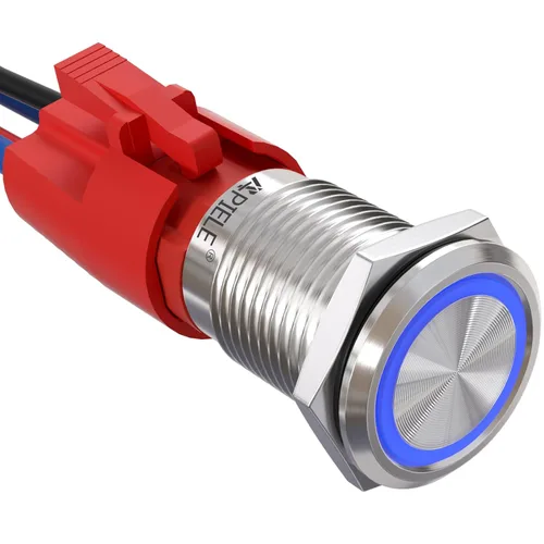 Miniatura 11 de APIELE - Interruptor de botón de cierre de 16mm, 12V, ojo de ángel LED, impermeable, redondo, autobloqueante, 1NO (aluminio negro, azul)