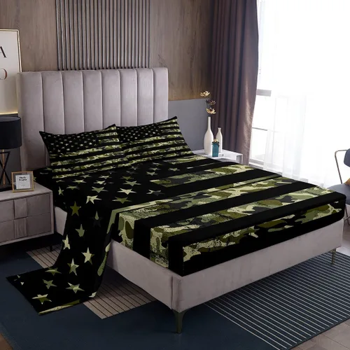 Miniatura 44 de Juego de sábanas con estampado camuflaje de la bandera estadounidense tamaño King, de Castle Fairy. Juego de ropa de cama de lujo de microfibra