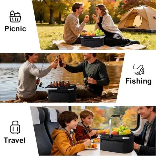 Miniatura 7 de ALLCAMP Cesta de pícnic, 2 cajas de hielo incluidas con enfriador aislado de 32 litros, cesta de picnic plegable gruesa con cestas extraíbles