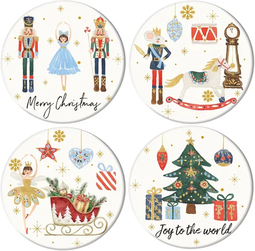 Whaline Juego de 4 posavasos de Navidad, juego de 4 posavasos de cascanueces para Navidad, invierno, vacaciones, cerámica para decoración de mesa de