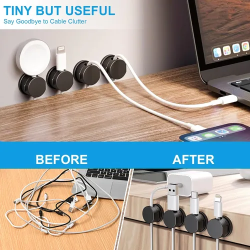 Miniatura 2 de 6 piezas de clips magnéticos para cables, organizador de cables adhesivo giratorio de 360° - Soporte compacto para cables para escritorio, mesita