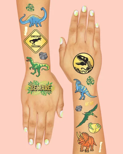 Miniatura 4 de xo, Fetti Tatuajes temporales de dinosaurios – Lámina dorada, 44 piezas Suministros para fiestas de cumpleaños jurásicas para niños, recuerdo