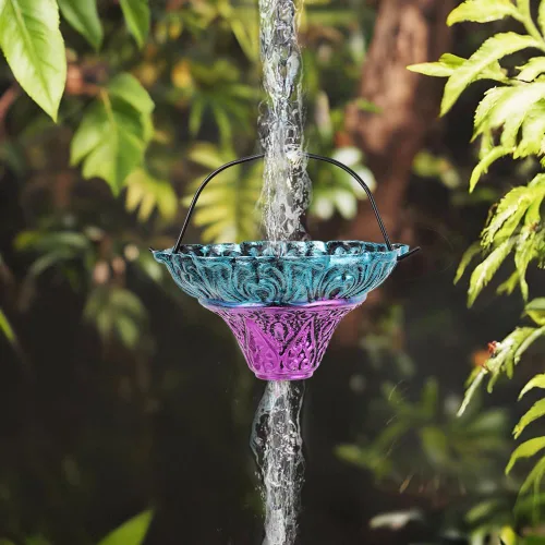 Miniatura 2 de Cadenas de lluvia de 10 pies para exterior, cadena de canalón de lluvia con 12 copas de flores, cadena de captura de agua de lluvia ajustable