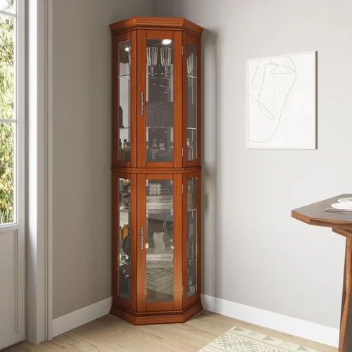 BELLEZE Vitrina Curio con iluminación de 3 lados, puerta de vidrio templado y estantes, gabinete de esquina de madera con bombilla, estante Roble
