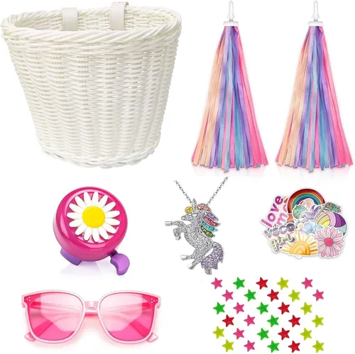 Miniatura 11 de Cesta de bicicleta para manillar para niñas con collar de unicornio, campana, serpentinas, cuentas de rueda, lentes de sol, calcomanías, juego