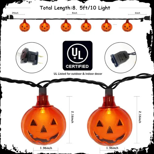 Miniatura 2 de Luces LED de calabaza de Halloween para exteriores, 8.5 pies, luces decorativas de Halloween con 10 luces LED transparentes de calabaza naranja