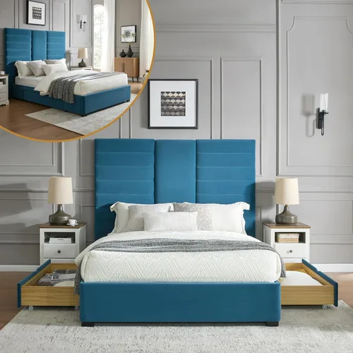 Miniatura 12 de Base de cama Queen de 63.6 pulgadas de alto, base de cama tapizada con 2 cajones de almacenamiento, listones de madera resistentes, sin ruido,