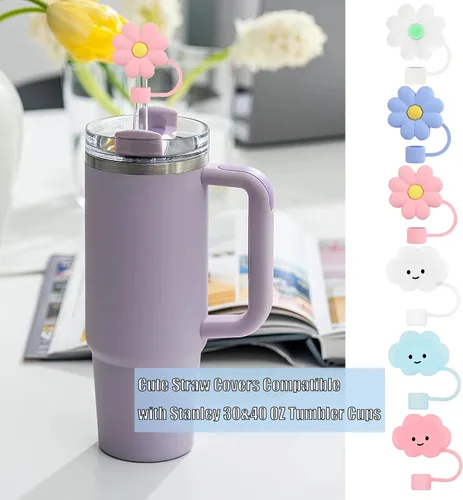 Miniatura 3 de 6 piezas de cubiertas de pajita de silicona compatibles con vasos Stanley de 30 y 40 oz, tapones de pajita de 0.39 pulg/10 mm con diseños de nubes