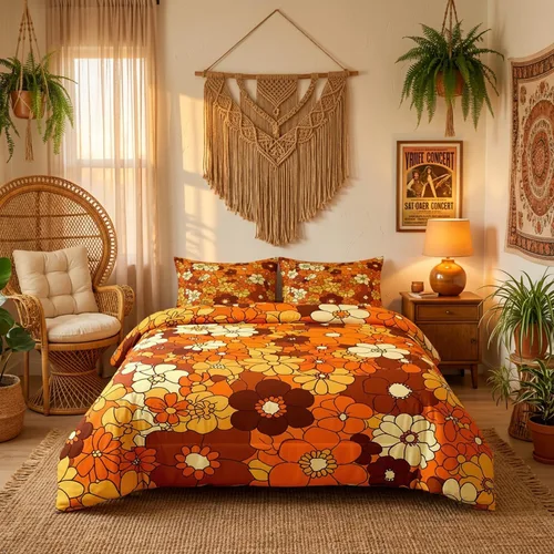 Miniatura 3 de Juego de ropa de cama con estampado floral bohemio, tamaño individual, diseño retro de flores groovy, 60S y 70S, juego de edredón de flores hippie