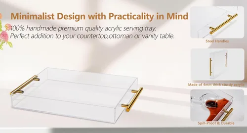 Miniatura 2 de Bandeja de acrílico transparente para servir Lucite con asas de metal, sin necesidad de montar, 11 x 14 pulgadas, organizador de almacenamiento