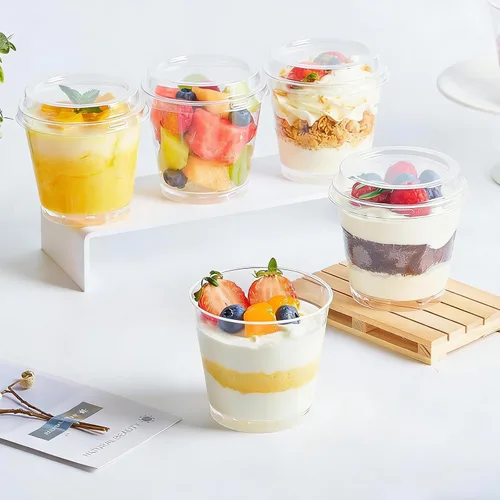 Miniatura 6 de Paquete de 50 mini tazas de postre de 6 onzas con tapas altas y cucharas, tazas pequeñas de plástico para tartas, tazas redondas para servir parfait