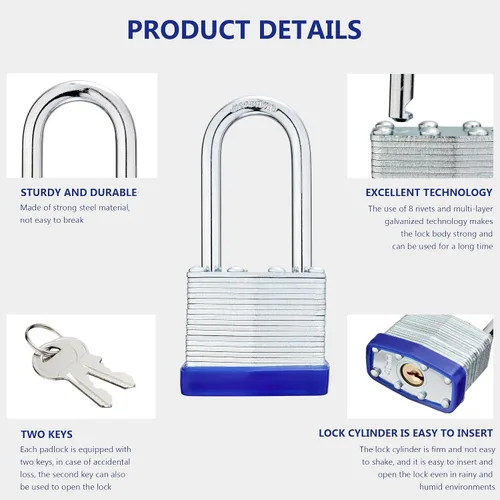 Miniatura 3 de Lock Candados para exteriores, candado laminado con llave, cuerpo ancho de 1-9/16 pulgadas, juego de candados con llaves, grillete largo