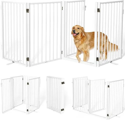Puertas de metal independientes para perros con puerta para interiores y exteriores, 80 pulgadas, extra ancho, 32 pulgadas de alto, puerta Blanco