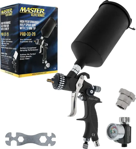Miniatura 7 de Pistola Pulverizadora de Pintura Master Elite de Alto Rendimiento PRO-33 HVLP con Punta de 2.5mm, Copa de 1L, Medidor Regulador, Adaptador MPS