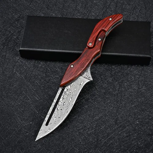 Miniatura 8 de SD604A Cuchillo plegable de Damasco VG10, de bolsillo, mango de sandía amarilla, con cerradura mecánica, para camping al aire libre y supervivencia