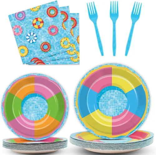 ZOIIWA Juego de 96 platos y servilletas para fiesta en la piscina, platos con diseño de pelota de playa, suministros para fiestas, platos de papel
