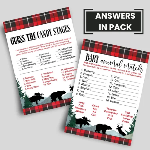 Miniatura 5 de Lumberjack Baby Shower Juego Bundle (25 invitados) Incluye Who Knows Mommy Best, Word Scramble, Animal Matching, Candy Guessing – Oso rústico, alces