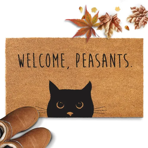 Miniatura 7 de Felpudo de bienvenida con diseño de campesinos y gatos de 30 x 17 pulgadas, divertido tapete de puerta de gato negro para áreas cubiertas, divertido