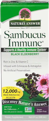 Nature's Answer Apoyo inmunológico Sambucus sin alcohol, 8 onzas líquidas, hecho de 12,000 mg de saúco negro, infundido con equinácea y astrágalo