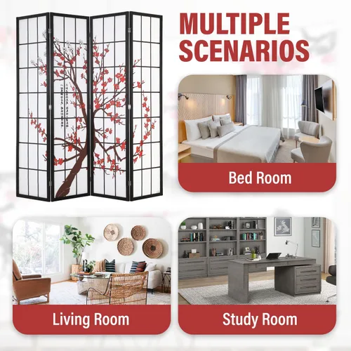 Miniatura 7 de Ruesleag Divisor de habitación de 6 pies, 4 paneles, pantalla de privacidad plegable, pantalla de privacidad oriental Shoji de madera, divisor