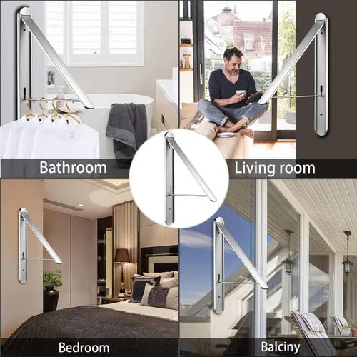 Miniatura 5 de Tendedero de ropa para lavanderías pequeñas, tendedero plegable para interiores, para colgar en la pared, plegable, (aluminio, plateado)