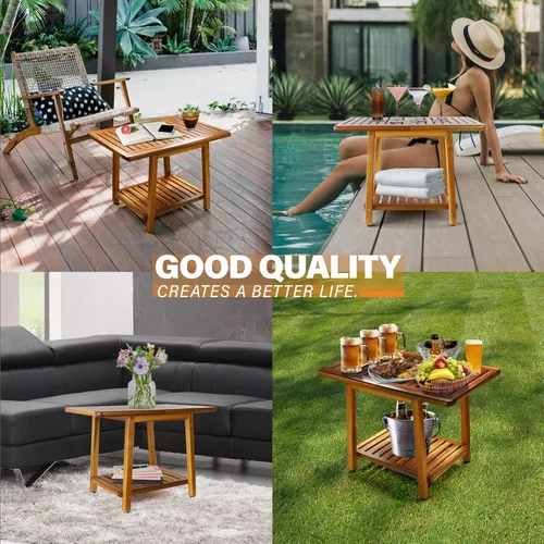 Miniatura 6 de ENKEZI Acacia - Mesa auxiliar para exteriores de 24 pulgadas, patio resistente de 2 niveles, mesa auxiliar resistente a la intemperie, mesa auxiliar