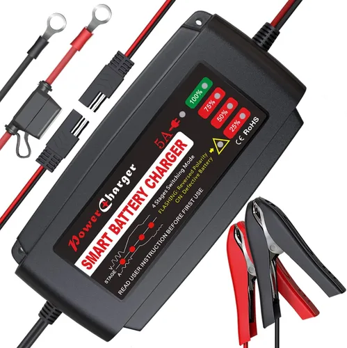 BMK - Cargador de batería portátil de 12 V 5 A con ligador desmontable, anillos, clips, carga rápida, resistente al agua, cargador para coche,