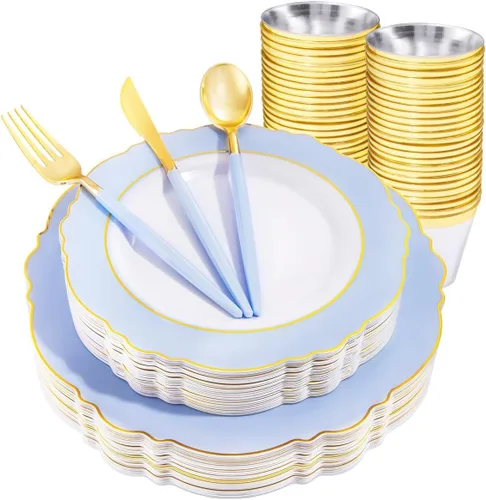 Miniatura 23 de WDF - Vajilla de plástico desechable para 30 invitados platos color oro y cubiertos color oro con mango blanco - Vajilla de plástico barroco blanco