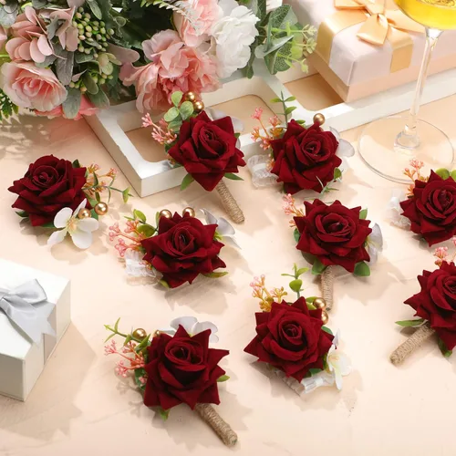 Miniatura 5 de Sherr Juego de 24 boutonniere burdeos para hombre, diseño de rosa para boda, bolsillo con alfileres, para novio, padrinos de boda, ramillete, traje