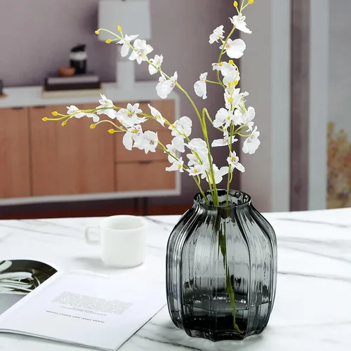 Miniatura 2 de Jarrón de vidrio negro gris para flores, jarrones altos de vidrio gris oscuro, H-8.0" diseño de rayas simples para decoración de piso del hogar, B