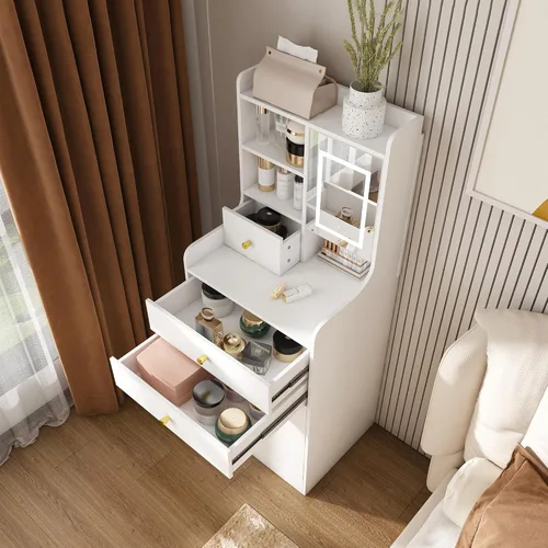 Miniatura 7 de Runboll - Mesa de Tocador Compacta con Taburete de Almacenamiento y Espejo Iluminado Ajustable, Escritorio de Maquillaje Pequeño 3-en-1 con 4