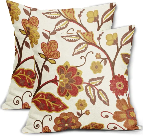 Juego de 2 fundas de almohada florales de otoño de 16 x 16 pulgadas, color rojo, amarillo, naranja quemado, estampado de flores, fundas decorativas