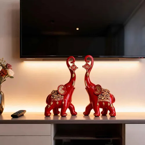 Miniatura 9 de Estatuas de elefante rojo para decoración del hogar, un par de estatuas de elefante de la suerte rojas y esculturas decorativas para la sala