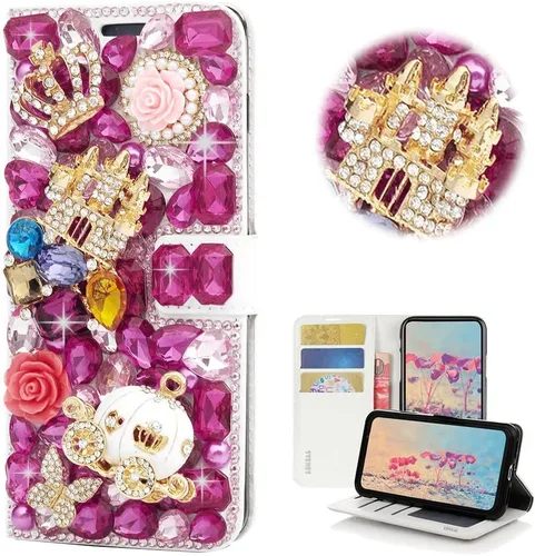 Bling - Funda tipo cartera para teléfono compatible con Samsung Galaxy A14 5G, elegante, hecha a mano, corona de castillo, calabaza, automóvil,