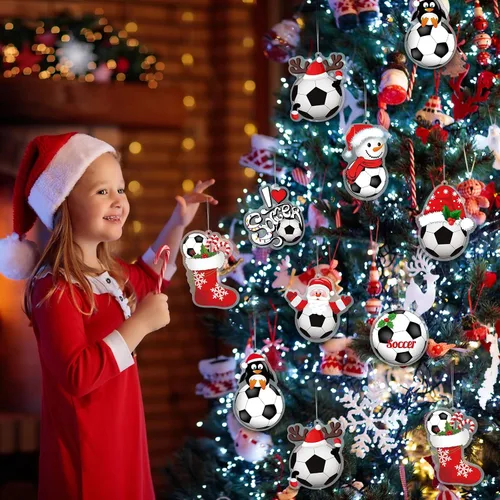 Miniatura 5 de Chunful 24 piezas Adornos de fútbol para árbol de Navidad, adornos de pelotas deportivas de acrílico colgantes para decoración de árbol de Navidad