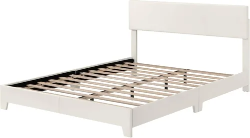 Miniatura 8 de Allewie Estructura de Cama Tamaño Full con Cabecera Ajustable, Cama Plataforma de Cuero Sintético con Listones de Madera, Base de Colchón de Blanco