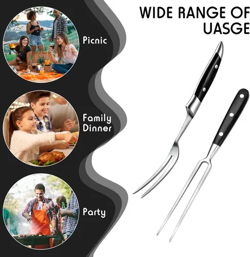 Miniatura 7 de CHENGU 2 tenedores para tallar carne de 12 pulgadas de acero inoxidable para servir cocinar con mango de madera, parrilla clásica con mango de ABS