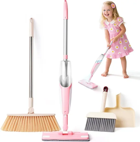 Juego de juguetes de limpieza para niños, mini trapeador de aerosol rosa, juguetes Montessori, herramienta de limpieza para niños pequeños con