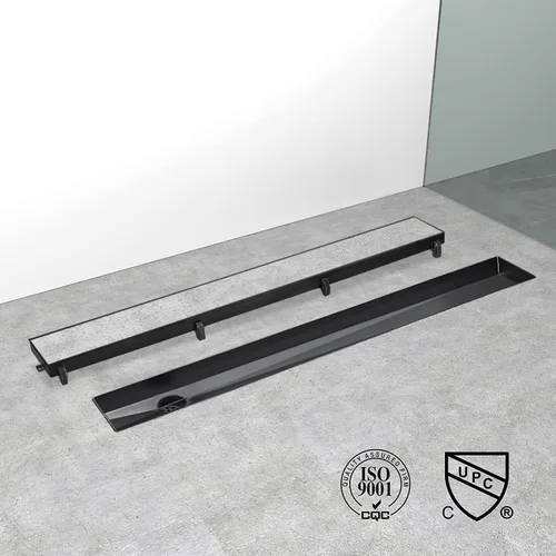 Miniatura 4 de Drenaje de ducha lineal compensado, drenaje de ducha negro de 24 pulgadas con cubierta de inserción de azulejos 2 en 1, salida lateral de acero